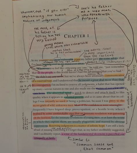 Annotations of a page from the book the great gatsby by F.Scott Fitzgerald Fahrenheit 451 Annotations, The Great Gatsby Notes, The Great Gatsby Book Annotations, Annotating Classic Books, Novel Annotations, Annoting Books, Annotation Guide, Book Snippets, The Great Gatsby Book