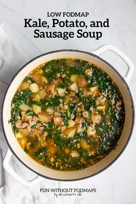 Warm up with a bowl of this 10-ingredient Low FODMAP Kale, Potato, and Sausage Soup! It features savory, homemade sausage crumbles, buttery baby potatoes, and leafy kale for a filling, veggie-packed soup. #lowfodmap #soup Low Fodmap Ground Beef Soup, Low Fodmap Beef Soup, Easy Low Fodmap Soup, Low Fodmap Sausage Recipes, Low Fodmap Kale Recipes, Whole 30 Low Fodmap Recipes, Low Fodmap Fall Desserts, Low Fodmap Soup Slow Cooker, Lowfod Map Soup