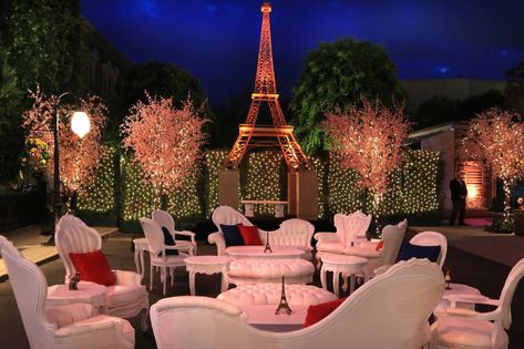 13 Inspired Ideas for Hosting an Outdoor Bar or Bat Mitzvah Celebration Grilled Cheese Station, Moulin Rouge Dancers, Red Carpet Entrance, French Lamp, First Instagram Post, Paris Theme Party, Bistro Lights, Event Producer, Outdoor Chandeliers