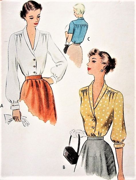 1940s BEAUTIFUL Blouse Pattern McCALL 7673 Lovely Shawl Collar Three Sleeve Lengths Bust 32 Vintage Sewing Pattern 1950s Blouse, Vintage Outfit Inspiration, 1940s Blouse, Vintage Fashion 1930s, Vintage Shawls, Front Tuck, Blouse Pattern Sewing, Vogue Patterns, Vintage Blouse