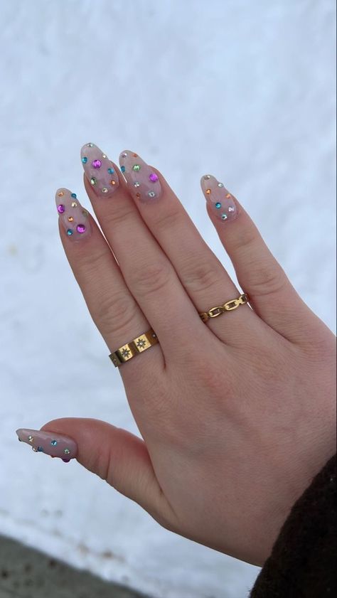 Nail Designs For Short Nails With Gems, Coloured Gem Nails, Nails With Rhinestones Colorful, Colourful Gem Nails, Colorful Jewel Nails, Multi Color Rhinestone Nails, Simple Jeweled Nails, Gemstones On Nails, Spring Nails With Gems