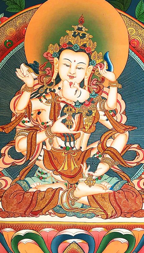 The union of male and female (yam-yum) is prevalent in Tibetan Buddhist Tantric iconography. In this thangka painting of Vajrasattva with consort the center of the mandala is taken by a object called Vajra that Vajrasattva holds with his right hand. The Vajra, initially well-known as the sceptre of Indra, it came to assume tremendous importance in Tantric philosophy and symbolism. In Tibetan Buddhism is symbol of the indestructible nature of the ultimate truth. Tibetan Art Symbols, Vajrasattva Thangka, Buddhism Aesthetic, Tibetan Painting, Buddhist Painting, Buddhist Iconography, Tibet Art, Tantra Art, Buddhist Art Drawing