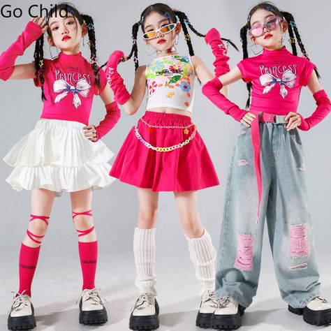 Hip Hop Girls K-pop Sweet Crop Top Ripped Jeans Pants Dance Skirts Kids Streetwear Children Jazz Dance Skirts, Kids Streetwear, Ripped Jeans, Childrens Clothes, Jeans Pants, Hip Hop, Crop Top, K Pop, Crop Tops