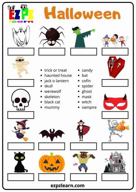 Halloween School Worksheets, Halloween English Activities, Halloween Worksheets For Kids, Halloween English Worksheets, Halloween Esl, Halloween Esl Printables, Spanish Halloween Worksheets, Halloween Worksheet, Oppgaver For Barn