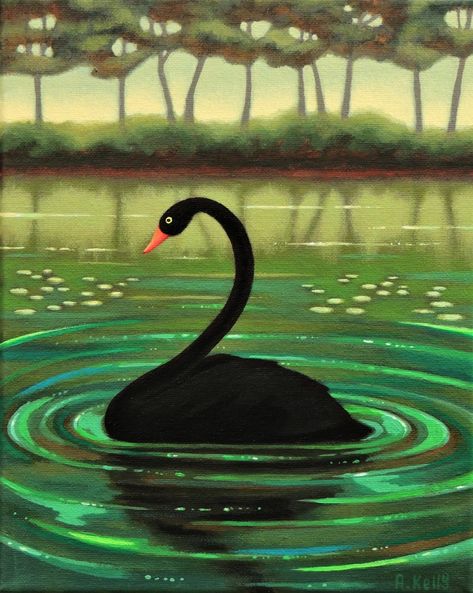 Black Swan Painting, Swan Painting, Naive Art, Black Swan, Water Lilies, Birds Painting, Art Acrylic, Acrylic Painting Canvas, Figurative Art