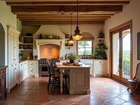 Kitchens With Terracotta Floor Tiles, Kitchen With Terracotta Floor, Modern Tuscan Kitchen, Tuscan Inspired Kitchen, Moroccan Style Kitchen, French Provincial Kitchen, Minimalist Elements, Terracotta Floor Tiles, Ultra Modern Kitchen