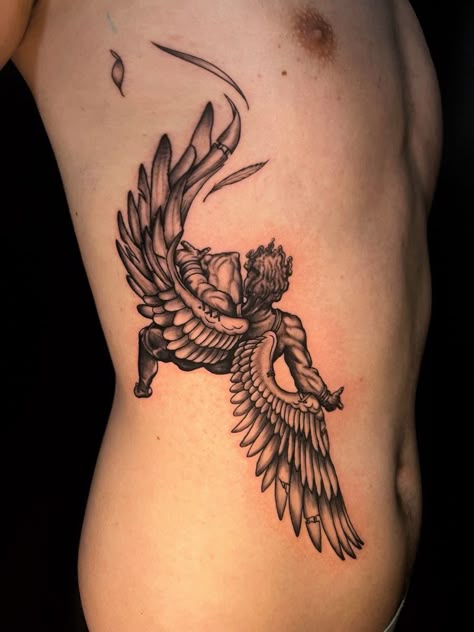 Icarus Tattoo Traditional, Icarus Tattoo Thigh, Icarus And Daedalus Tattoo, Icarus Tattoo Back, Icarus Leg Tattoo, Daedalus And Icarus Tattoo, Fall Of Icarus Tattoo Design, Fall Of Lucifer Tattoo, Paradoxical Tattoo