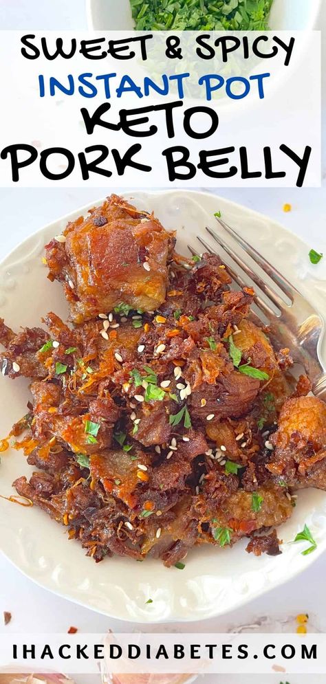 This sweet and spicy pork belly is made with spicy flavours and a hint of sweetness made easily in the instant pot. #keto #lowcarb #instantpot #porkbelly #recipe Instant Pot Pork Belly Recipes, Keto Pork Belly Recipes, Pork Belly Instant Pot, Keto Pork Belly, Spicy Pork Belly, Sweet And Spicy Pork, Pork Belly Burnt Ends, Chicken Stock Recipe, Keto Pork