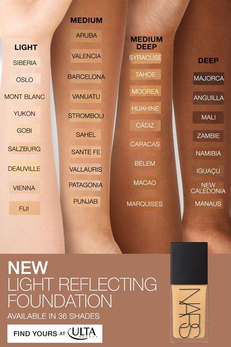 Make Up Beginners, Skin Color Chart, Foundation Products, Nars Foundation, Skin Tone Makeup, Foundation Swatches, Makeup For Black Skin, Formal Makeup, Makeup Artist Tips