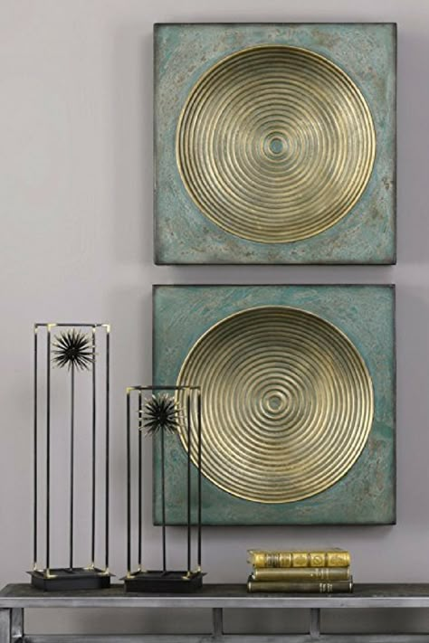 Beautiful distressed turquoise and gold vintage industrial wall art.  Perfect for those who love industrial geometric inspired art.   Great for many different types of homes from shabby chic, Hollywood, retro and modern home decor themes.     #industrial #wall #decor #interior #design #geometric #retro #glam #shabby #chic