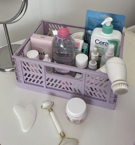 Bathroom Storage Boxes, Uni Room, Girly Room, Skincare Organization, Basket Organization, Bath And Body Care, Crate Storage, Room Makeover Inspiration, Cute Room Decor