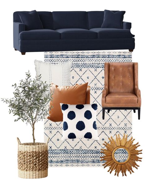 98" Square Arm Sofa curated on LTK Pattern Ottoman Living Rooms, Navy Sofa In Living Room, Living Room With Navy Sectional, Navy Couch Living Room Decor, Brown Navy Blue Living Room, Navy Tan Living Room, Blue Sofa Boho Living Room, Navy Sectional Living Room Decor, Living Room Decor With Navy Blue Couch