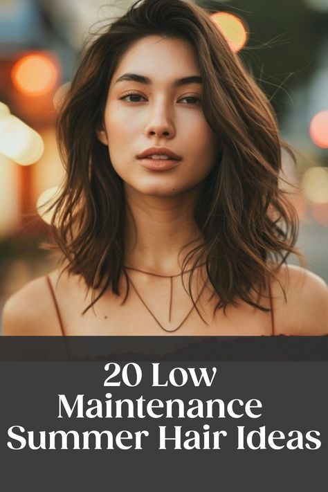 Woman with shoulder-length hair and text: "20 Low Maintenance Summer Hair Ideas". Trendy Summer Haircuts, Summer Hair Cuts 24, Low Maintenance Hair Cuts For Long Hair, Low Matienence Haircut, Hair Summer 2024 Trends, Trendy Hair Cuts 2024, 2024 Trendy Haircuts, 2024 Women Haircuts, Low Maintenance Haircut Medium