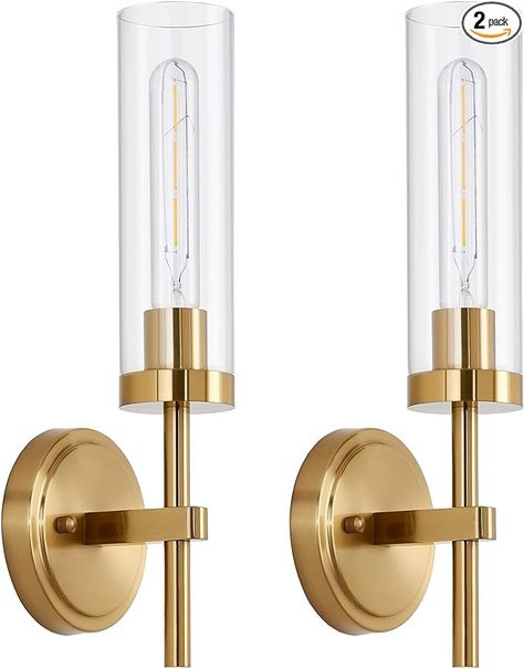 SANTOSTOCK Gold Wall Sconces Set of 2, Modern Bathroom Sconces Wall Lighting Vanity Light Fixtures with Clear Glass, Brushed Brass Wall Mount Lights for Living Room Corridor Mirror Bedroom Stairs - Amazon.com Corridor Mirror, Modern Bathroom Sconces, Brass Wall Mount Light, Wall Mount Lights, Gold Wall Sconces, Bedroom Stairs, Mirror Bedroom, Lights For Living Room, Bedside Wall Lights