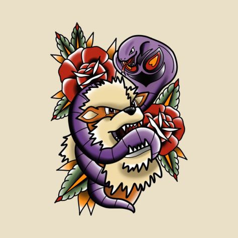 Arcanine & Arbok Tattoo Design - Michael Baker Arbok Pokemon Tattoo, Traditional Style Pokemon Tattoo, Neo Traditional Pokemon Tattoo, American Traditional Pokemon Tattoo, Traditional Pokemon Tattoo, Pokemon Sleeves, Traditional Tattoo Stencils, Pokemon Tattoos, Pokemon World