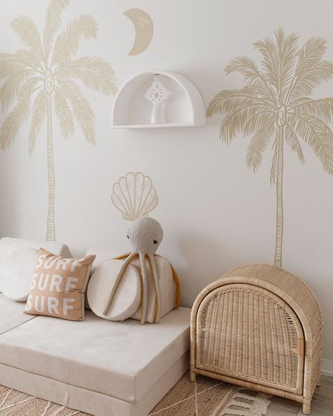 Phoenix and the Ocean Shop | Due to popular request, you can now order the Island Vibes Palm Tree Decal with Moon! If you’re loving this combo but don’t want to commit… | Instagram Coastal Playroom, Tropical Baby Nursery, Tree Wallpaper Nursery, Ocean Baby Rooms, Palm Tree Decal, Surf Room Decor, Neutral Kids Room, Vintage Kids Room, Coastal Nursery