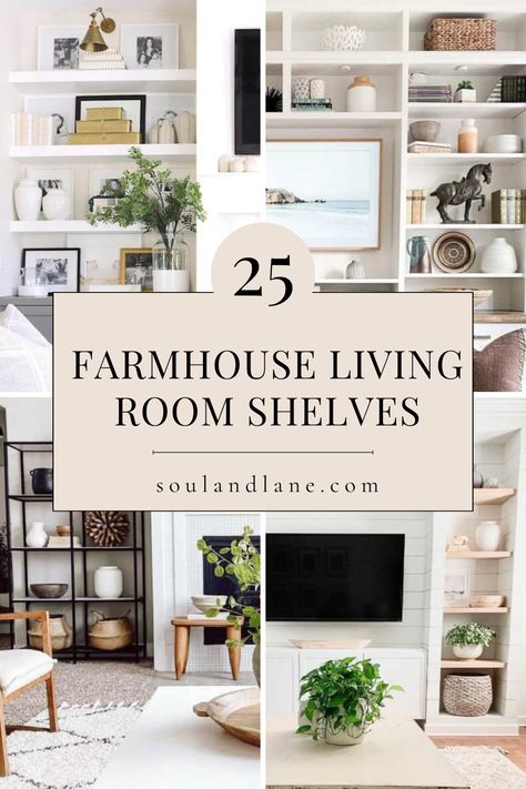 Infuse your living room with a personal touch using farmhouse shelves designed to showcase your unique personality. From eclectic displays to curated collections, explore a variety of options that reflect your individual style and interests. These shelves promise to add character and charm to your space, creating a dynamic focal point that tells your story and invites conversation. How To Style Shelves Living Room Modern, Shelf Unit Decor Living Room, Decorated Shelves In Living Room, Staggered Floating Shelves Living Room, Farmhouse Living Room Shelves, Farmhouse Decor For Shelves, Decorate Living Room Shelves, How To Decorate Shelves In Living Room, Styling Floating Shelves Living Room