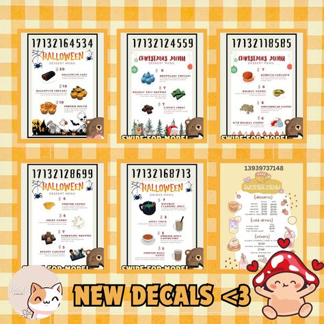 Bloxburg Bakery Logo Decals Codes, Bloxburg Halloween Cafe Menu Codes, Parking Sign Decals Bloxburg, Bloxburg Lunch Menu Decals, Bloxburg Cafe Menu Decals Codes, Halloween Cafe Bloxburg, Bloxburg Ad Decals, Bloxburg Park, Bloxburg Bakery