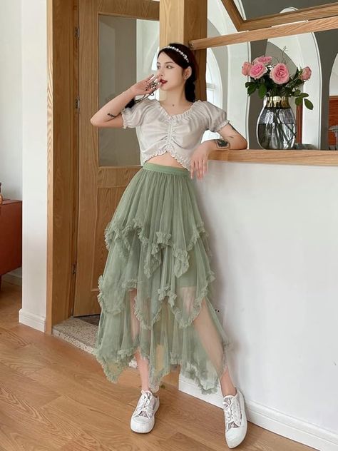 🌸 Step into y2k vintage charm with our Women's Tulle Skirt! Featuring an asymmetrical ruffle hem and high waist, it's both romantic and stylish. Crafted from soft Polyester mesh, it's breathable and comfortable for any occasion. Dress it up or down effortlessly, perfect for parties, dances, or casual outings. One size fits most with its adjustable elastic waistband, making it a versatile addition to any wardrobe! ✨ Long Skirt Looks, Midi Skirt Y2k, Ruffle Midi Skirt, Mesh Midi Skirt, Womens Tulle Skirt, Tulle Long Skirt, Tulle Skirts, Mesh Skirt, Skirts For Women