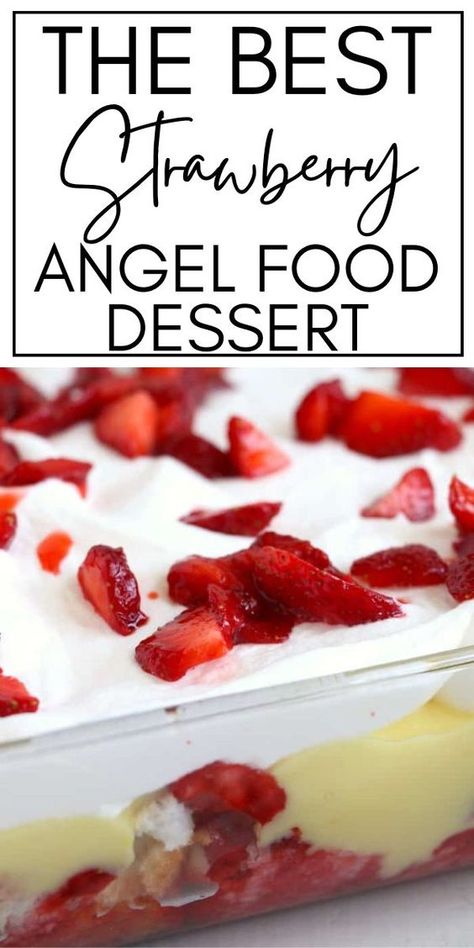 Strawberry Angel Food Dessert comes together quickly and is filled with a perfect combination of flavors. A great choice for your next party! This delicious dessert is basically a trifle in a dish! It's loaded with angel food cake chunks, pudding, whiped cream, and chopped strawberries. This creamy angel food cake dessert is the perfect pudding recipe for any party or gathering.