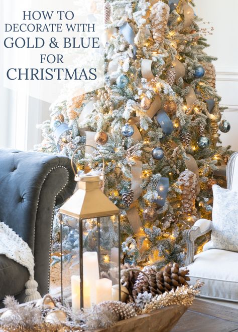 Gold And Light Blue Christmas Tree, Gold And Blue Christmas Tree, Blue And Gold Christmas Decor, 2023 Christmas Trends, Blue Christmas Decor Ideas, Blue And Gold Christmas Tree, Copper Christmas Decor, Blue And Gold Christmas, Sanctuary Home Decor