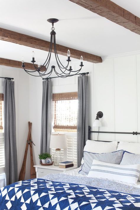 The Lettered Cottage | AZ Faux Wood Beams | Farmhouse Lake Cottage Style Master Bedroom | Makeover....love the blue and white "twin" quilt laying across the bed.  So pretty~ Beam Ideas, The Lettered Cottage, Lettered Cottage, Faux Wood Beams, Faux Beams, Bedroom Updates, Master Decor, Ideas Hogar, Lake Cottage