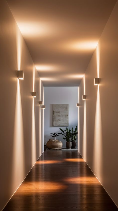 Creative Ways to Style Narrow Hallways in Your Home 23 Ideas Hallway Lighting Ideas Wall Lights, Modern Home Entrance Design, Small Corridor Design Narrow Hallways, Passage Way Design, Wall Lights In Hallway, Cozy Hallway Decor, Hallway Modern Lighting, Narrow Doorway Ideas Entrance, How To Make A Short Hallway Look Longer