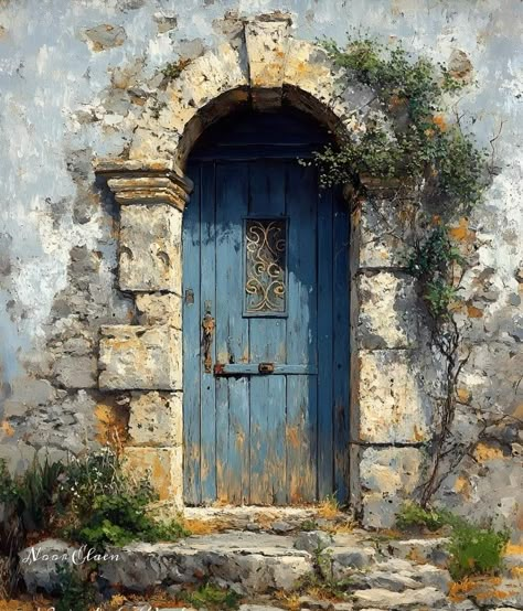 Paintings Of Doors, Old Door Drawing, Old Door Painting, Stone Door Frame, Paintings Of Windows, Garden Gates Ideas, Watercolor Doors, Doors Photography, Door Photography