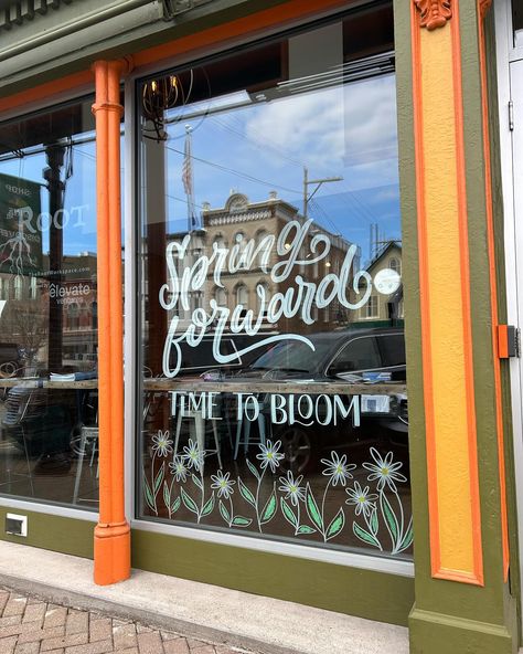 How do I letter backwards inside all those windows? I don’t! Step behind the scenes of my “Spring Forward” window lettering at @therootcowork last year to see my installation process for a window project on this downtown New Albany building. Window Lettering, Diy Lettering, I Letter, Chalkboard Lettering, Chalk Lettering, Window Projects, To The Window, Windows Me, Hand Lettering Art