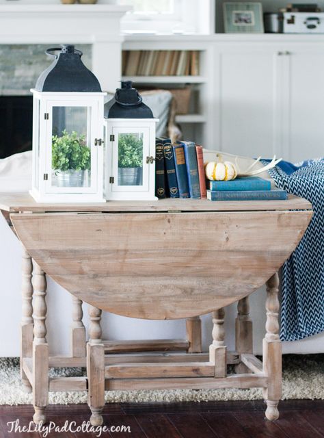 Fall Home Tour - The Lilypad Cottage.   Driftwood stain to out drop leaf table, would look great behind couch in living Lake House Living Room Ideas, Vintage Drop Leaf Table, Lilypad Cottage, Lake House Living Room, Living Vintage, Cottage Style Decor, Coastal Living Rooms, Table Sofa, Table Makeover