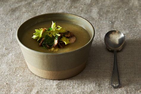 Celeriac and Potato Soup with Mushroom, Walnut, and Celery Leaf Salad Celeriac Soup, Leaf Salad, Hearty Vegetable Soup, Dijon Vinaigrette, Root Veggies, Hearty Soup, Detox Soup, Potato Soup, Vegetable Soup