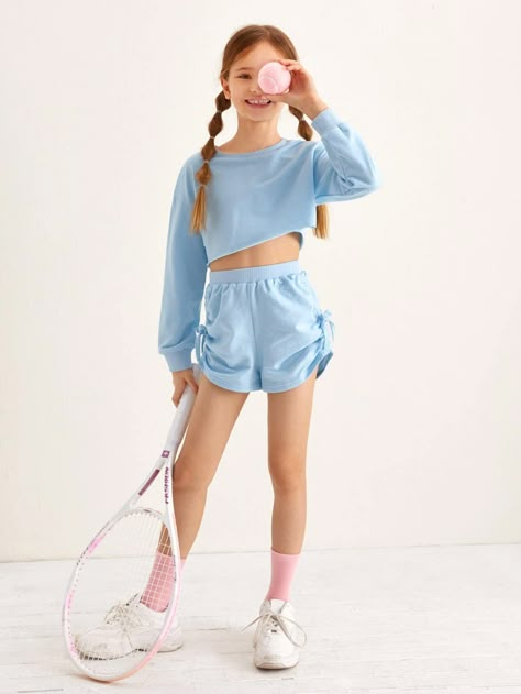 Girls Drop Shoulder Pullover & Ruched Drawstring Track Shorts Set | SHEIN USA Girls Athletic Outfits, Teen Fashion Trends, Sports Wear Fashion, Girls Sportswear, Preteen Fashion, Sportswear Outfits, Shein Kids, Kids Sportswear, Kids Activewear