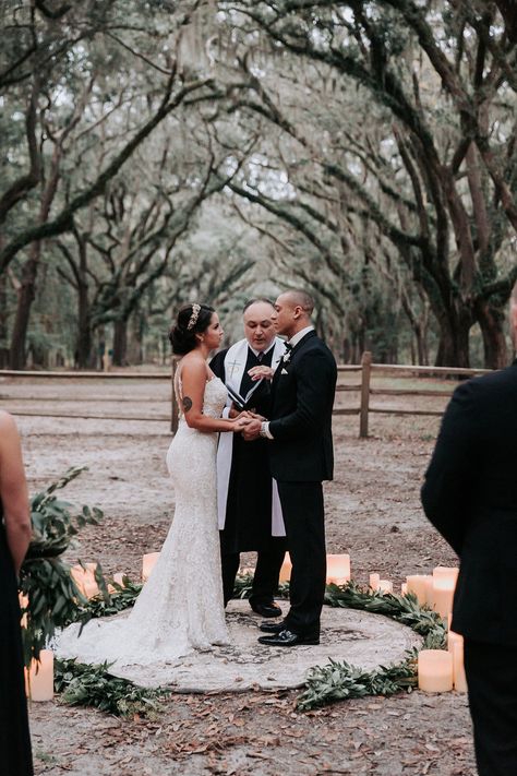 Small Outdoor Ceremony, Backyard Wedding Intimate, Small Vow Renewal Ceremony, Small Vow Renewal Ideas, Intimate House Wedding, Small Vow Renewal, Backdrop With Candles, Standing Wedding Ceremony, Backyard Vow Renewal Ideas