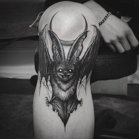 Bat Tattoo On Leg, Heavy Black Work Tattoo, Tattoo Arms Men, Bat Lower Back Tattoo, Bat Shin Tattoo, Bat Under Knee Tattoo, Knee Bat Tattoo, Goth Knee Tattoos, Gothic Nature Tattoo