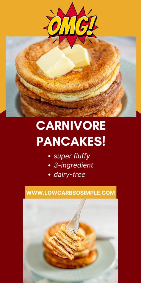 Image of a stack of carnivore pancakes in a fork, stack of pancakes in the background. Carnivore Diet Pancakes, Carnivore Pumpkin Recipes, Carnivore Pancakes Recipe, Ketovore Breakfast Ideas, Carnivore Pancake Recipe, Carnivore Diet Fast Food, Dairy Free Carnivore Recipes, Meal Prep For Carnivore Diet, Dairy Free Carnivore Diet Recipes Easy