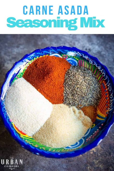 This recipe for carne asada dry rub seasoning helps you create a rich brown sear on beef for tacos and fajitas by eliminating the excess liquid found in marinades. | Get the recipe now on UrbanCowgirlLife.com! | Steak Street Tacos Recipe, Carne Asada Seasoning, Steak Street Tacos, Street Tacos Recipe, Mexican Steak, Street Taco Recipe, Carne Asada Recipes, Homemade Rubs, Dry Rub Recipes