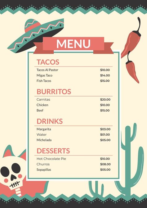 Creative Hand-drawn Mexican Restaurant Menu Taqueria Menu Ideas, Mexico Menu Design, Mexican Menu Design Templates, Mexican Restaurant Menu Ideas, Taco Menu Ideas, Tacos Menu Design, Spanish Menu Project, Spanish Menu Design, Taco Menu Design