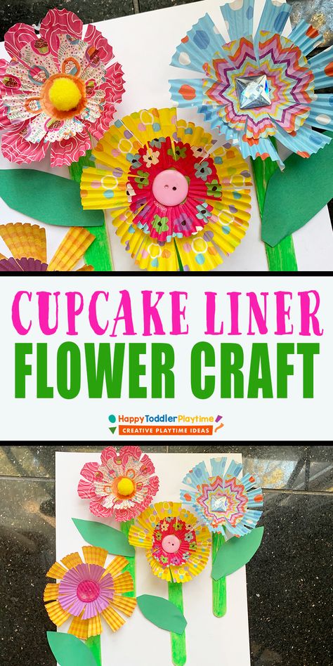 The Best Craft for Preschoolers: Quick & Easy Preschool Crafts - HAPPY TODDLER PLAYTIME Flower Crafts Preschool, Cupcake Liner Crafts, Cupcake Liner Flowers, Spring Flower Crafts, Spring Arts And Crafts, Easy Preschool Crafts, Preschool Spring, April Crafts, K Crafts