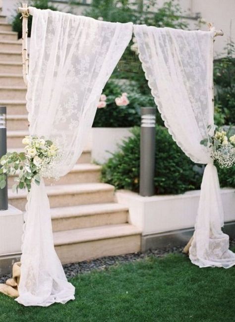 Vintage wedding arbor decorated with lace curtain| Wedding ceremony arch decor #weddingceremony #weddinginspiration #weddingdrapes #lacearch Backdrop Draping, Draping Ideas, Birch Tree Wedding, Wedding Draping, Burlap Lace Wedding, Diy Wedding Arch, Rustic Wedding Backdrops, Wedding Arch Rustic, Rustic Wedding Decorations