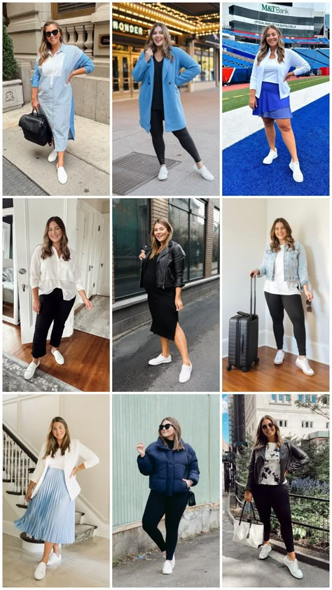 Here’s another love letter to the little white sneaker! For years, they’ve been one of my favorite shoes that carry me throughout seasons and various outfits. These white sneakers were among some of your most loved items of 2023, so I thought it would be fun to share a roundup of inspiration to keep them feeling fresh and show how versatile they really are! In case you missed it, I previously shared more white sneaker favorites and how to keep them clean. Plus Size Outfits With White Sneakers, Work Outfits With Running Shoes, Plus Size Fashion With Sneakers, White Sneakers Outfit Plus Size, White Tennis Shoe Outfits, Outfits With White Tennis Shoes, How To Style White Sneakers, White Shoe Outfits, Flat Sneakers Outfit