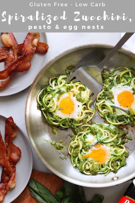 Zucchini Egg, Zucchini Zoodles, Pesto Eggs, Dairy Free Pesto, Breakfast Vegetables, Caprese Salad Recipe, Spiralized Zucchini, Breakfast Skillet, Protein Packed Meals