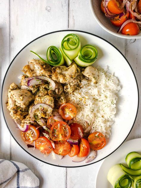 Chicken Souvlaki Rice Bowl | Recipe by Chyuen's Chicken Souvlaki Rice, Souvlaki Bowl, Thai Drunken Noodles, Pork Satay, Rice Bowl Recipe, Cured Egg, Rice With Chicken, Boiled Chicken Breast, Chicken Souvlaki