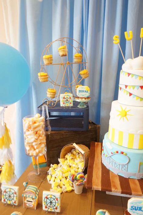 It's Sunny Under the Boardwalk  | CatchMyParty.com Boardwalk Theme Party, Boardwalk Party, Boardwalk Theme, Beach Ball Party, Under The Boardwalk, Party Food Themes, School Carnival, Ball Party, Teen Party