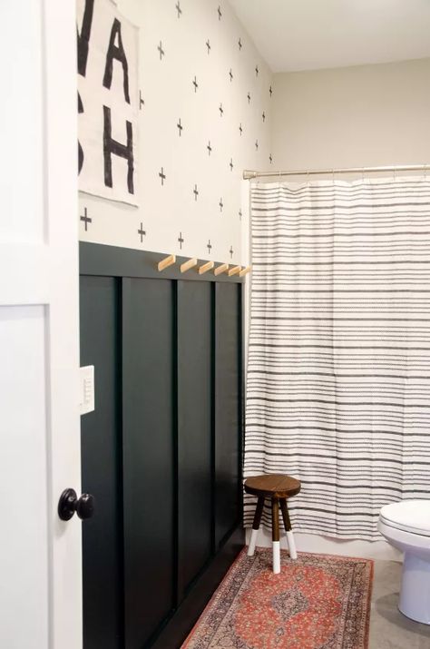 Bathroom Update Diy, Wainscoting Styles, Gray Shower Curtains, Board And Batten Wall, Boys Bathroom, Girls Bathroom, Up House, Budget Bathroom, Bathroom Update