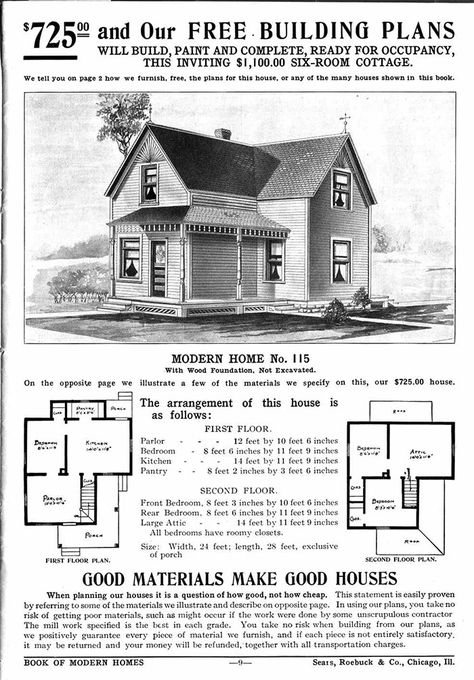 People Used To Order Sears ‘Home Kits’ From A Catalog In The Early 1900s And Some Are Still Standing Today | Bored Panda Sears House Plans Kit Homes, Sears Home Plans, 1890 House Plans, 1910s House Interior, Vintage House Plans 1920s, 1920s Houses, Saltbox House Plans, 1910 Kitchen, Sears House Plans