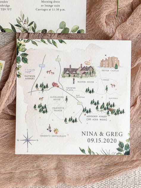 Wedding Map Illustration, Wedding Maps, Watercolor Wedding Map, Map Invitation, Map Wedding Invitation, Custom Wedding Map, Create Wedding Invitations, Map Wedding, Eucalyptus Wedding Invitation