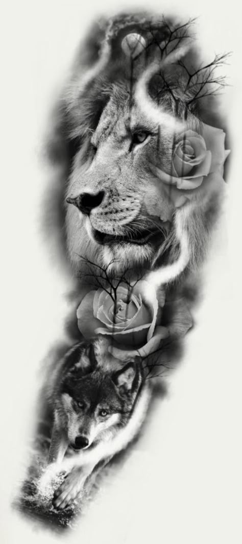 Animal Tattoo Sleeve, Tattoos Full Sleeve, Cloud Tattoo Sleeve, Black Men Tattoos, Wolf Tattoos Men, Tier Tattoo, Lioness Tattoo, Lion Tattoo Sleeves, Wolf Tattoo Sleeve