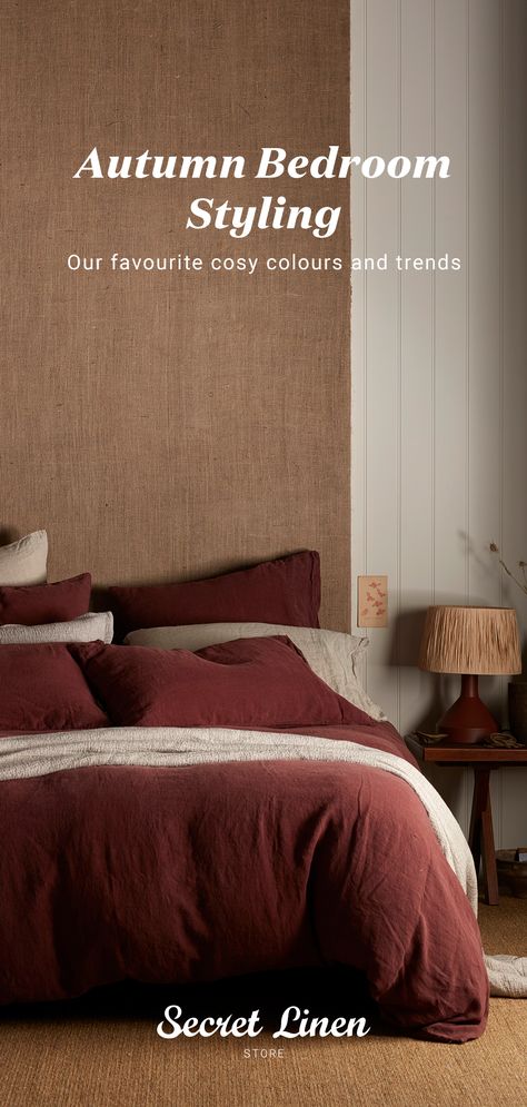 A warm welcome to Autumn with our favourite cosy colour styling trends for your bedroom this season. #autumn #autumninteriors #autumnbedrooms #bedroomstyling #interiorstyling #secretlinenstore Cosy Earthy Bedroom Ideas, Bedroom Colour Schemes, Autumn Bedroom, 2022 Bedroom, Bedroom Colour, Winter Bedroom, Bedroom Styling, Earthy Bedroom, Colorful Apartment