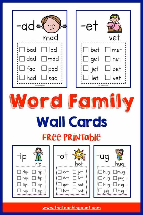 Free CVC Word Family Wall Cards - The Teaching Aunt In Word Family, Word Families Printables, Word Family List, Reading Readiness, Cvc Worksheets, Word Family Worksheets, Family Worksheet, Cvc Word Families, Cvc Word