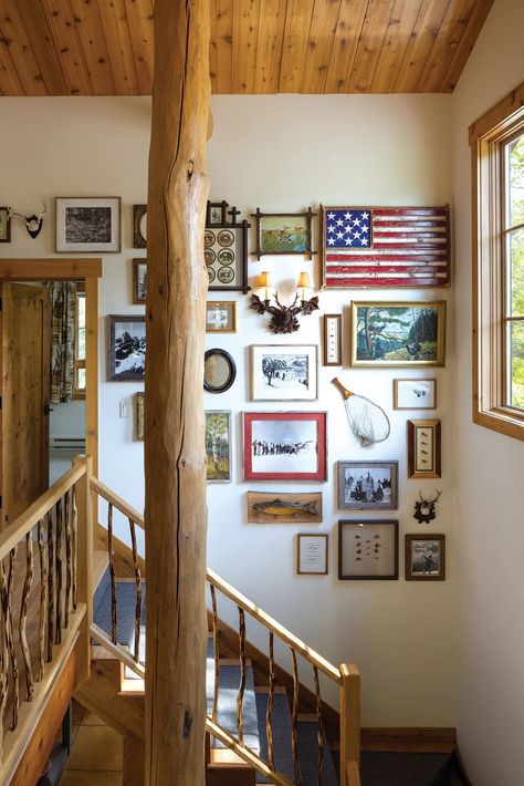 A Rustic Cabin at the Edge of a Willow-Lined Stream Embraces Eclectic Design - Mountain Living Cabin Staircase, Adirondack Camp, Old Hickory Furniture, Wyoming Landscape, Fire Pit Seating Area, Built In Banquette, Black Forest Decor, Elk Antler, Fishing Flies